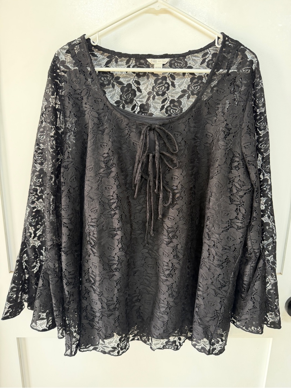 Cato 18/20 Lace Tie-Front Long Sleeve Top - Black